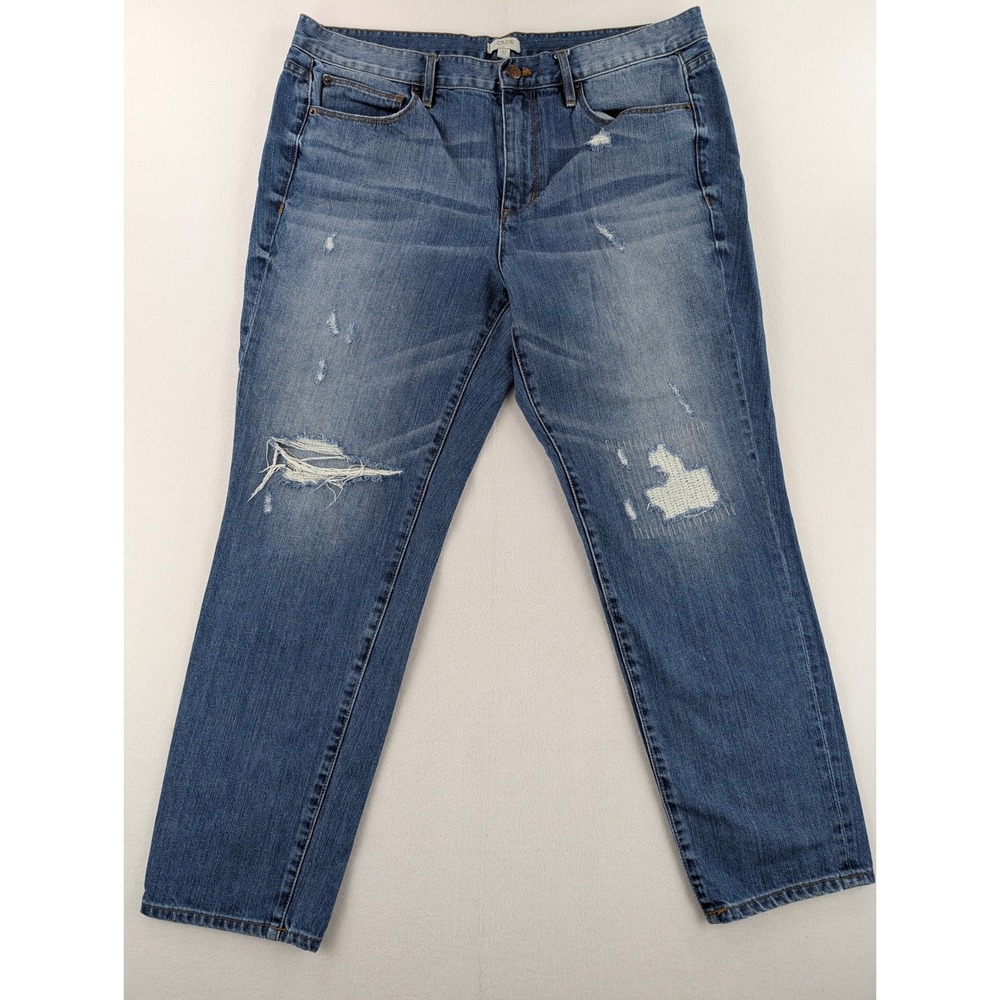 J.Crew Womens 32 Distressed Straight Leg Jeans Medium Wash Patched Cropped Denim